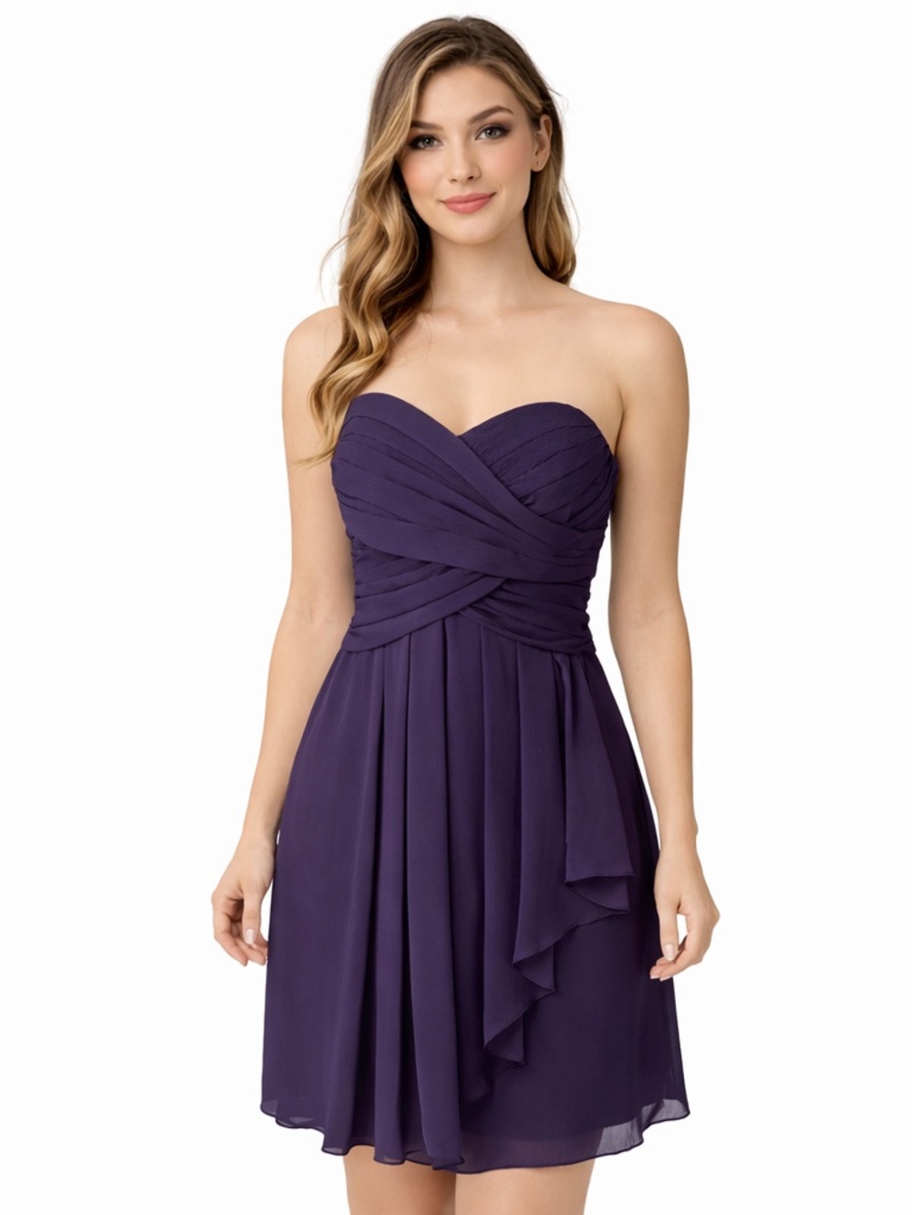 David’s Bridal Purple Chiffon Strapless Bridesmaid Dress Size 10 Ruched Knee